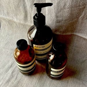 3 Aesop containers, without product with bonus sample bottles and 14 dust bags